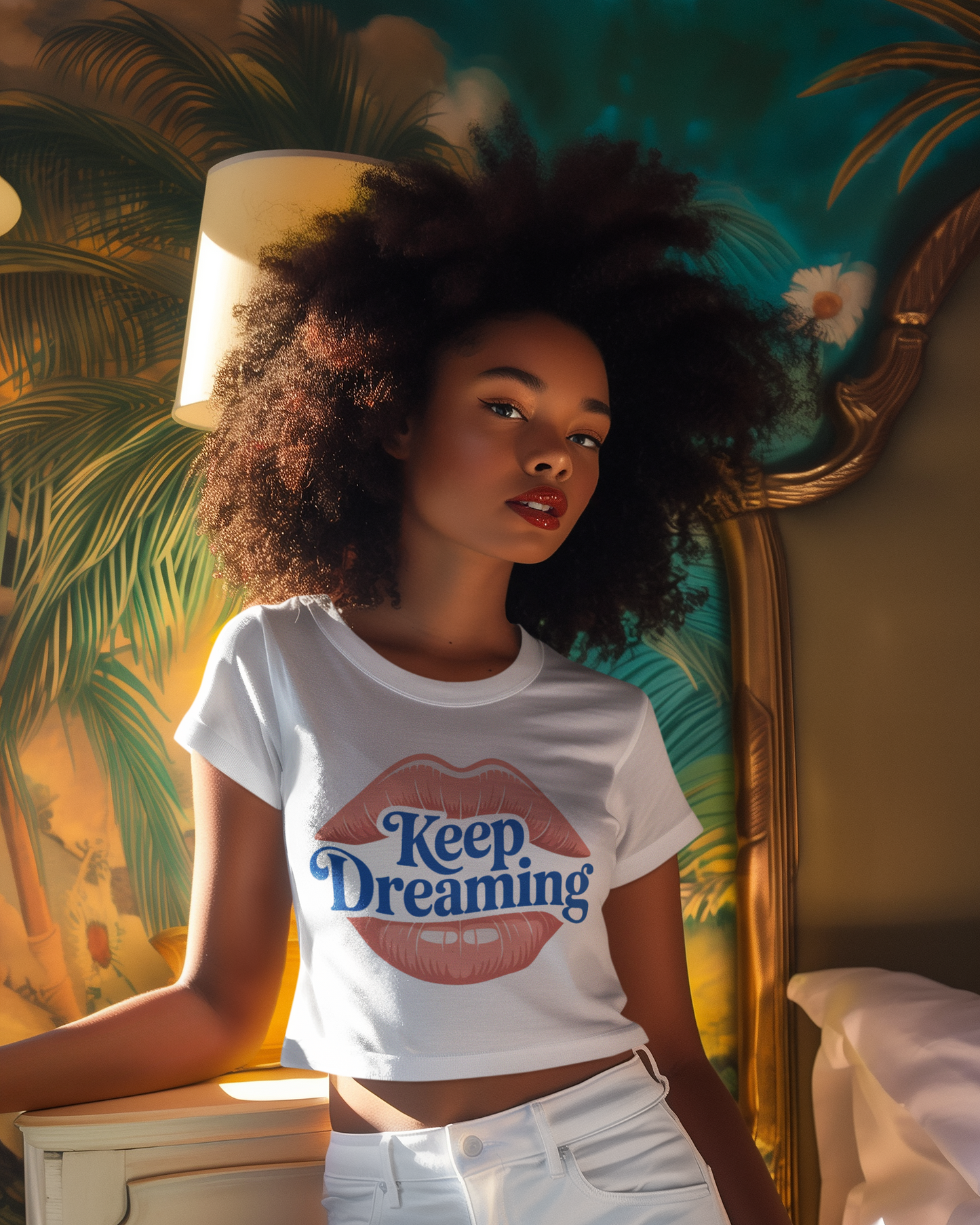 Keep Dreaming Crop Top – White Flirty & Motivational Lips Design | Dream Chaser Women’s Streetwear | Cute Confidence Tee